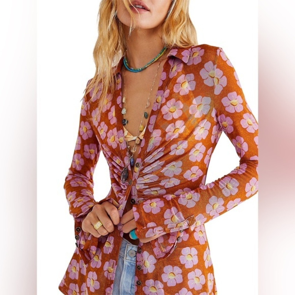 Free People Lucky Shirtee Floral Mesh Top EUC XS
